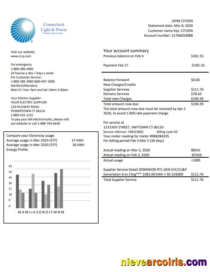 USA Connecticut Light & Power electricity utility bill